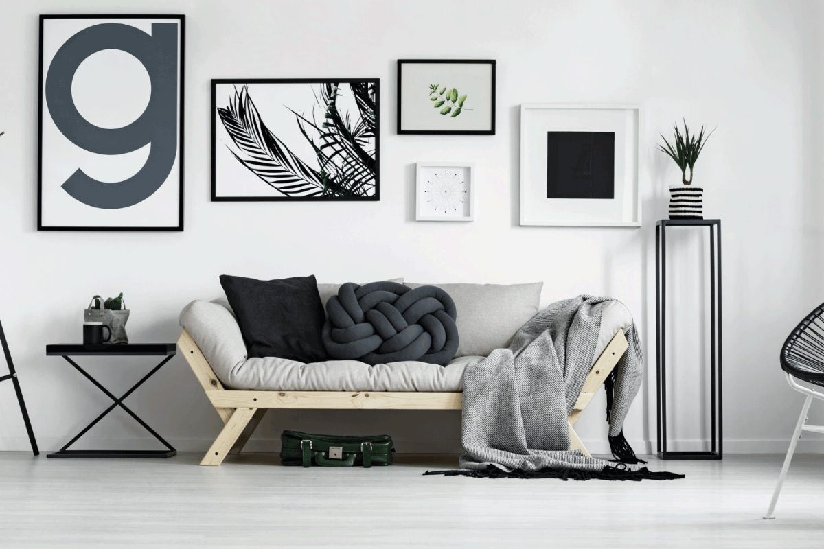 living room in minimal style with artworks, black and white concept