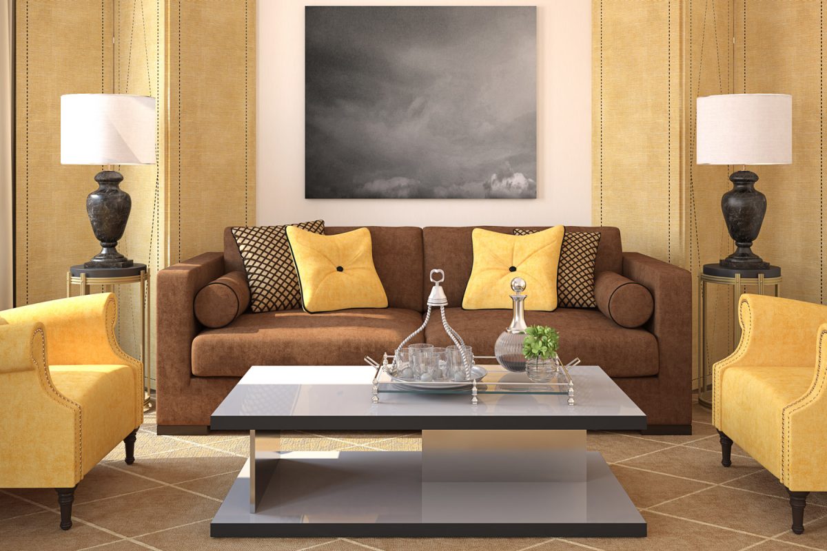 stunning Golden yellow theme color in living room combined with brown furniture