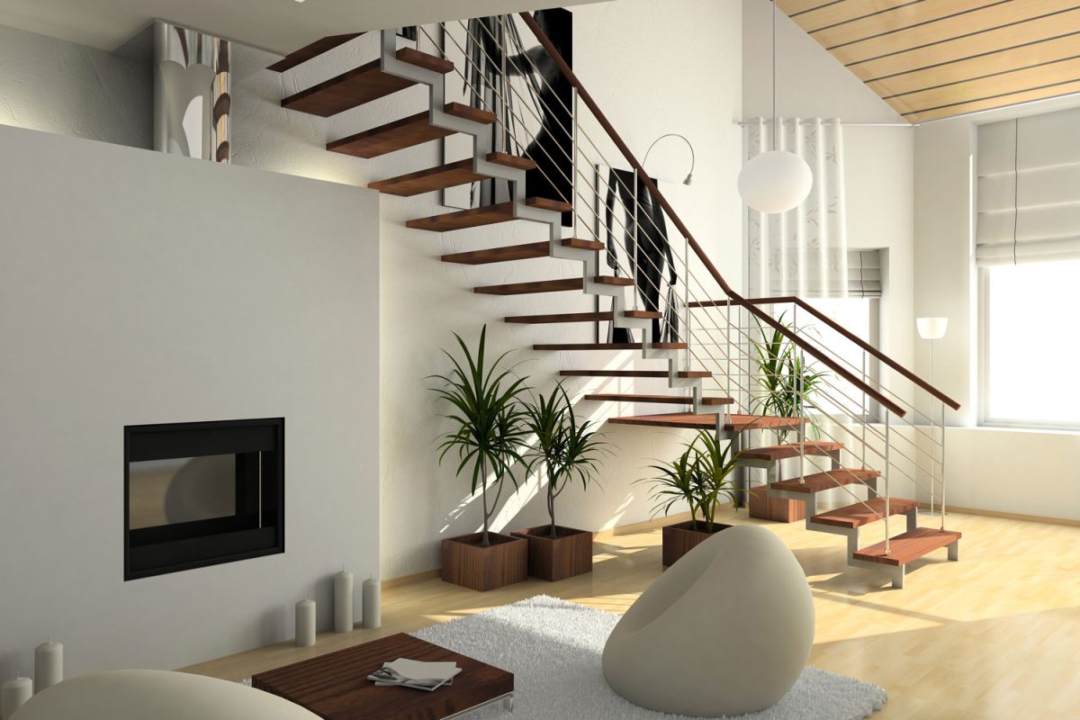 stylish house main scheme color of dark stairs and light floors