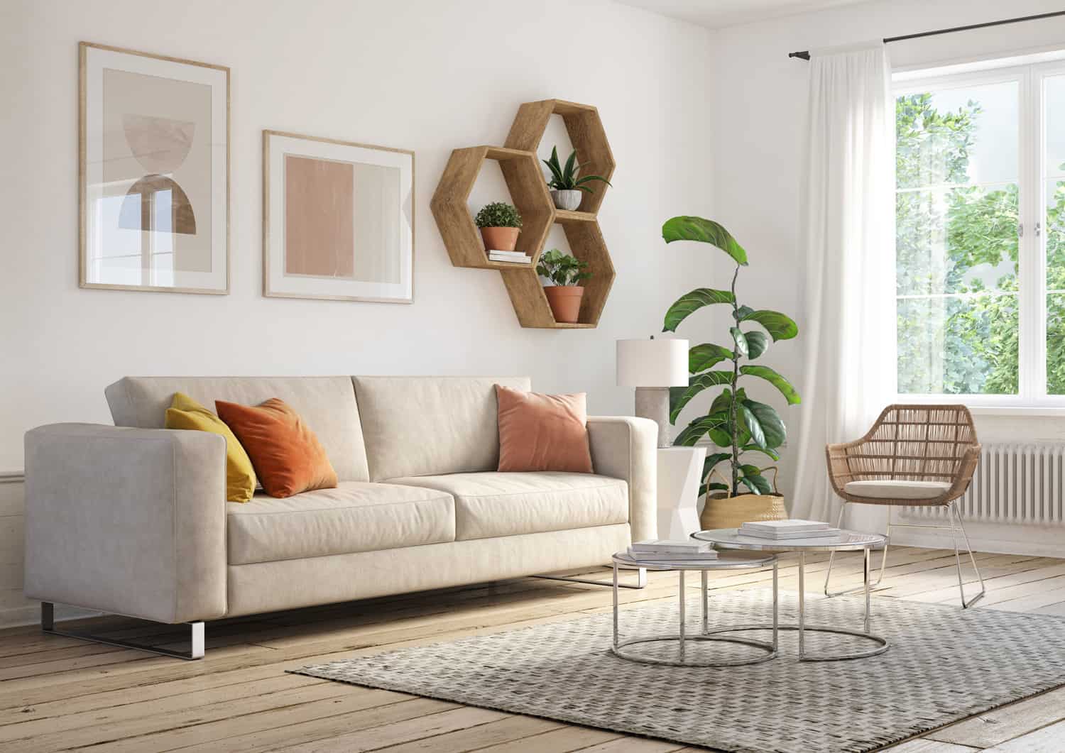 Bohemian living room interior 3d render with beige colored furniture and wooden elements