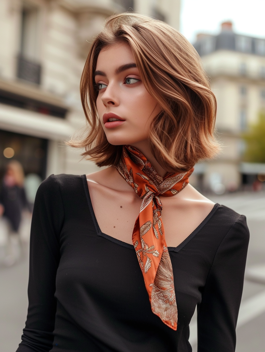 A French styled woman using a silk scarf as a chic neckerchief