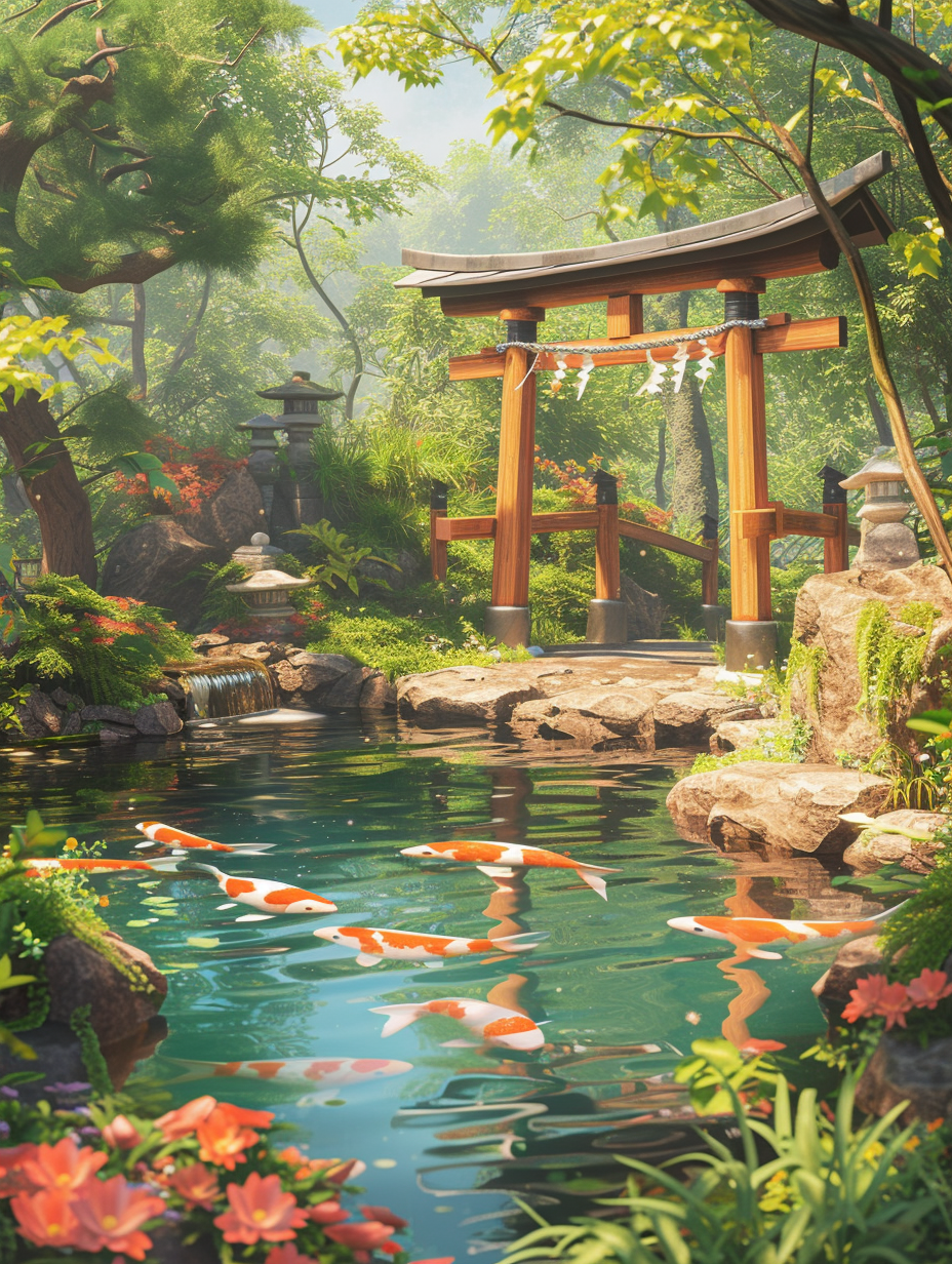 A Koi pond with a traditional Japanese Torii gate in a peaceful garden