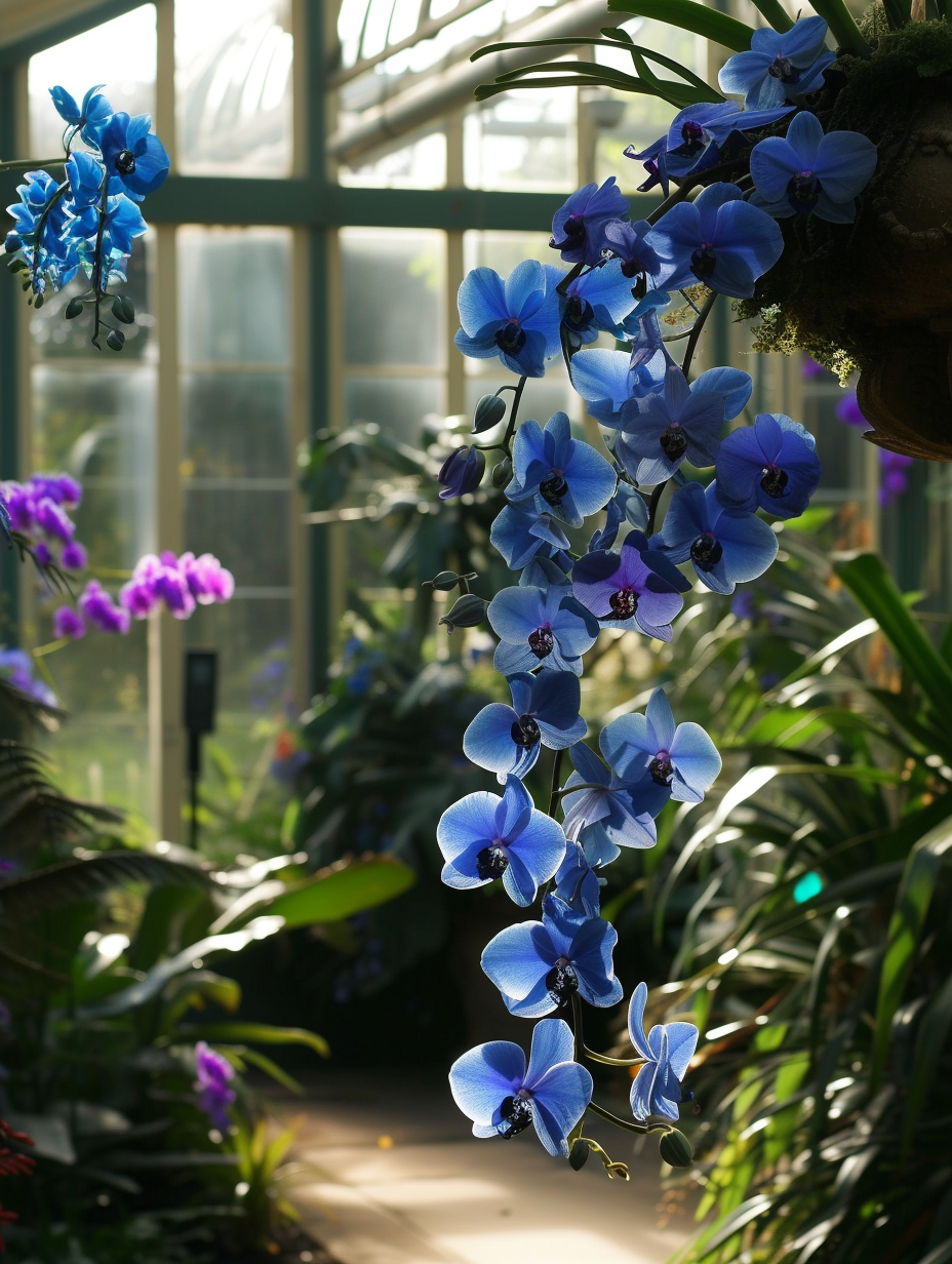 A Victorian-style indoor conservatory laced with exotic blue sapphire orchids.