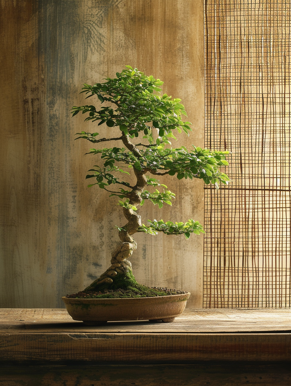 A Zen balboa bonsai, placed delicately on an aged wooden table, complementing the simplicity of a bamboo screen backdrop.