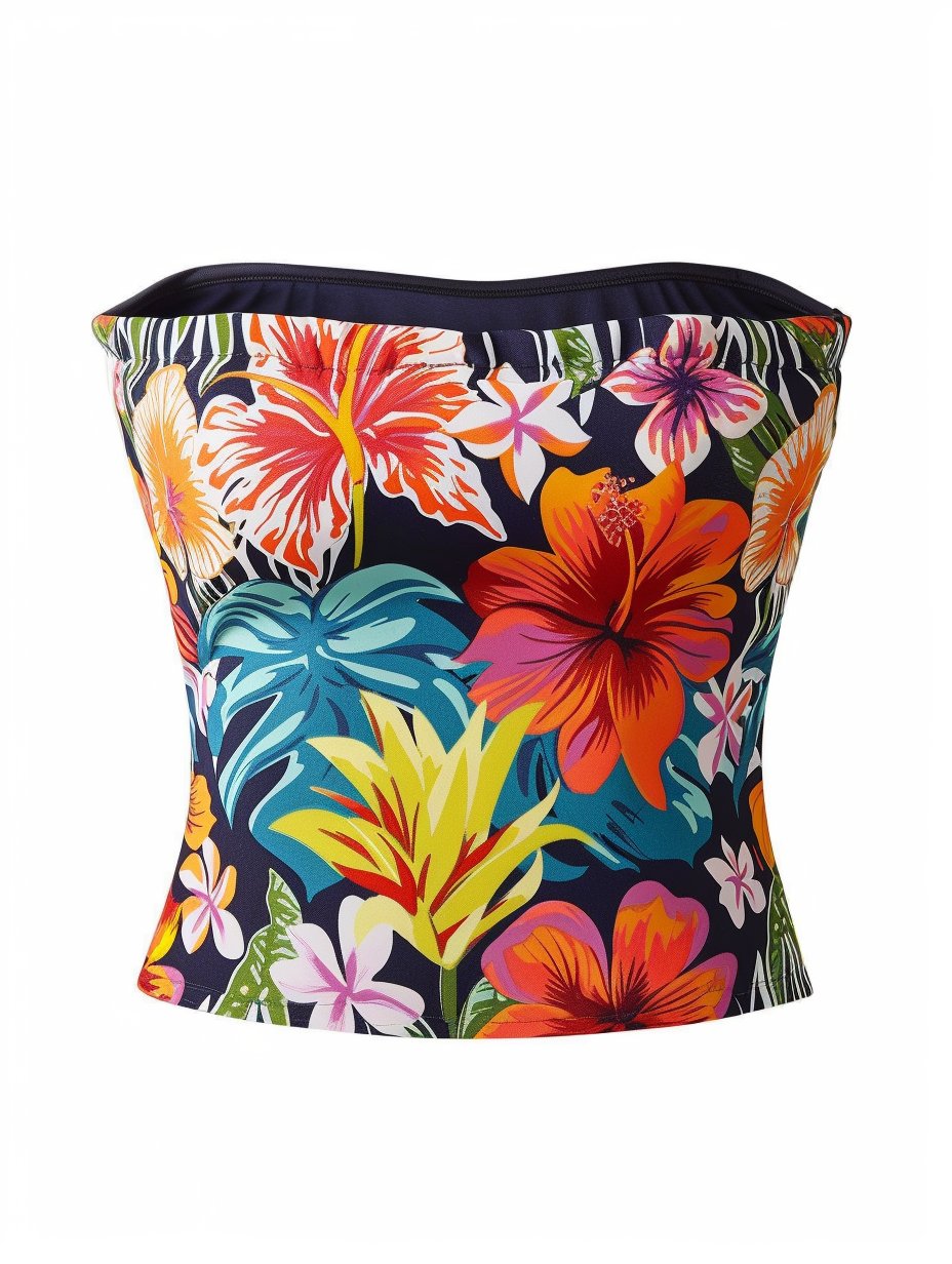 A bandeau top with multi-colored tropical print