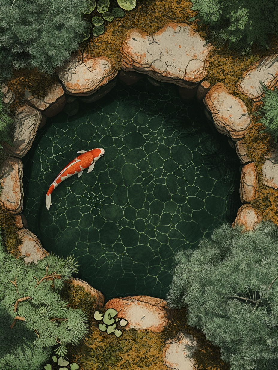 A bird's eye view of a tranquil koi pond surrounded by mossy stones