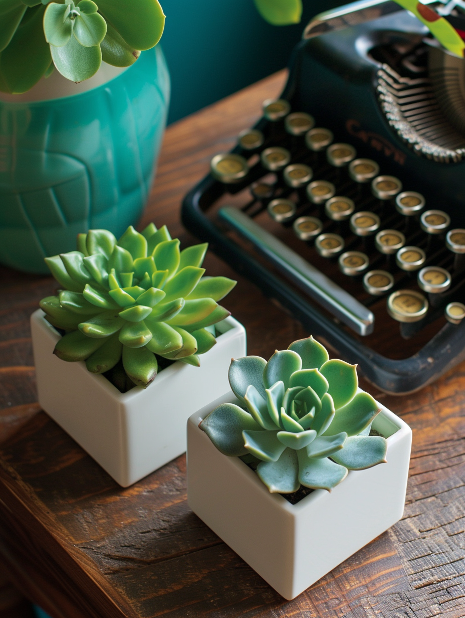 A blend of three succulent plants in separate square geometric white pots positioned alongside a vintage typewriter on an aged oak desk