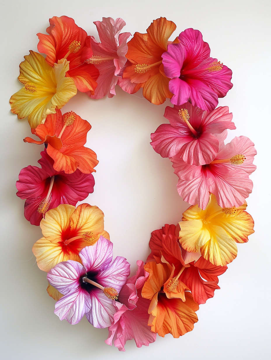 A bright, double-stranded hibiscus flower lei