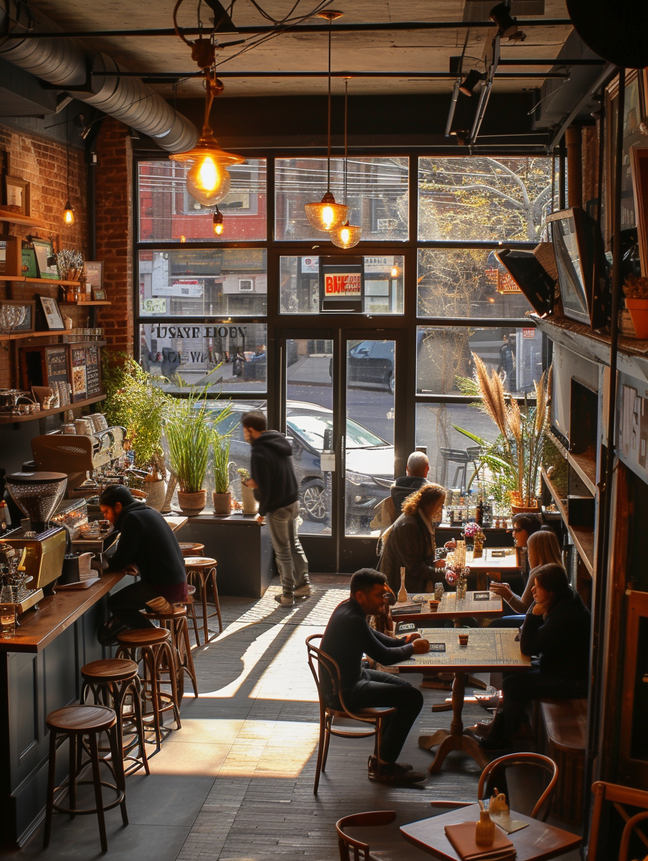 A bustling New York coffee shop with urban decor in the fall season