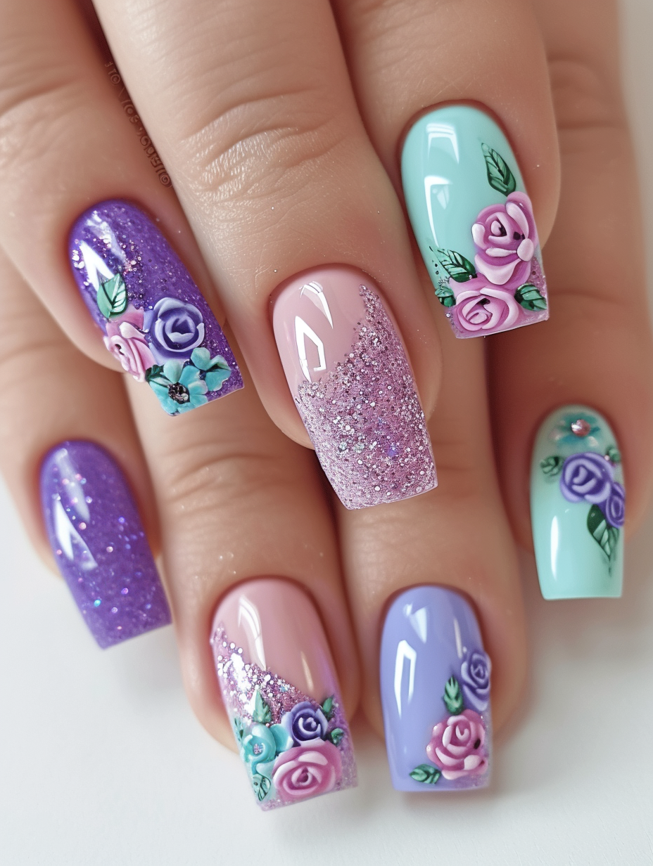 A captivating assortment of spring nail designs demonstrating the use of beautiful glitter accents and soft hues of lavender and baby blue.