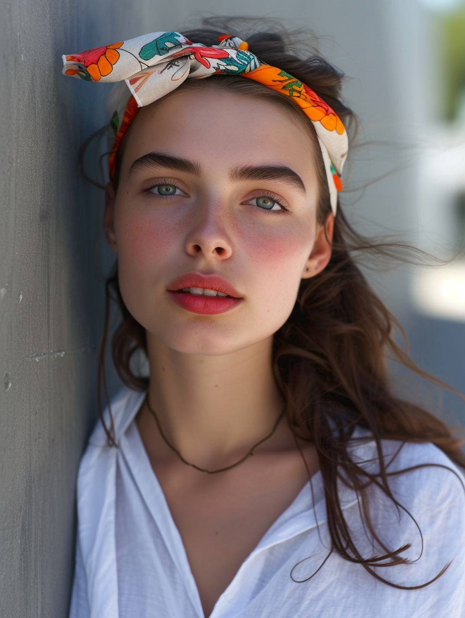 A casual summer look where a silk scarf is used as a vibrant headband
