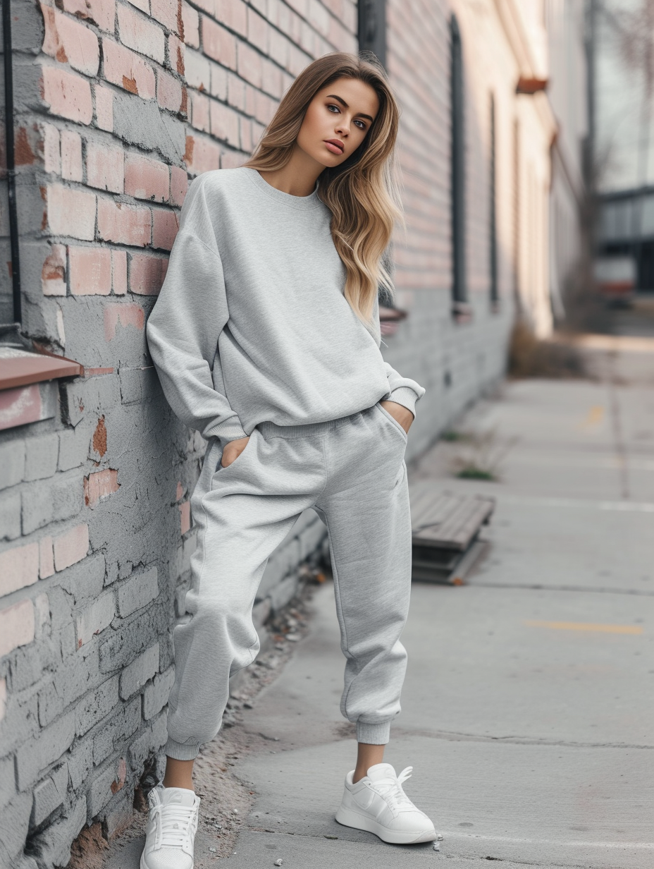 A casual yet stylish athleisure outfit featuring a cozy sweatshirt with matching jogging pants in chic grey