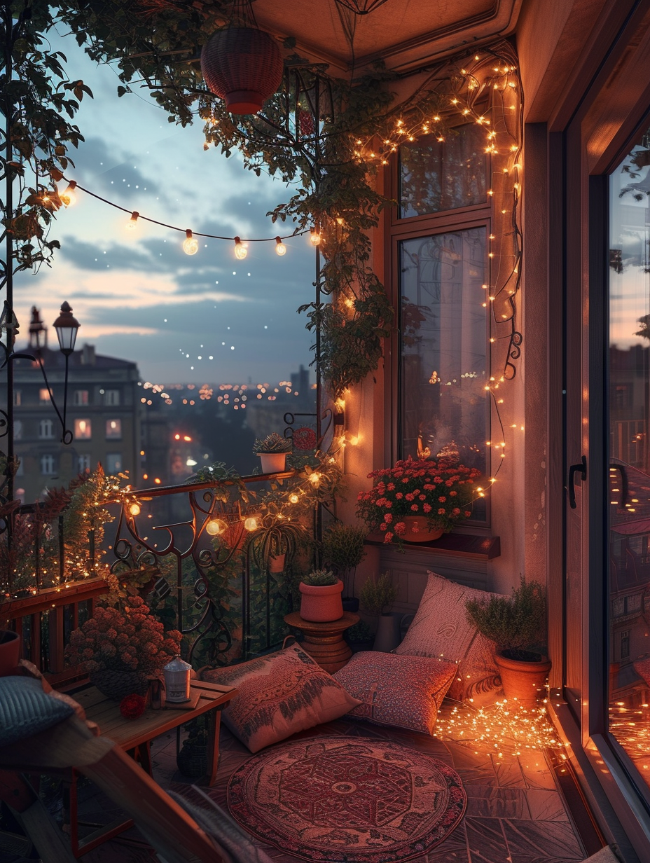 A charming Bohemian ethereal balcony illuminated by fairy lights and overlooking an urban landscape at night --ar 3:4
