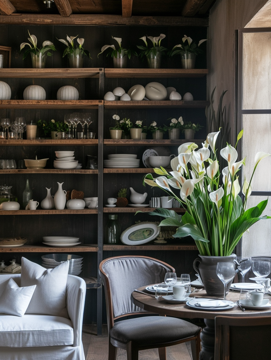 A chic urban loft's breakfast nook, designed with towering shelves of peace lilies complementing the rustic interiors.
