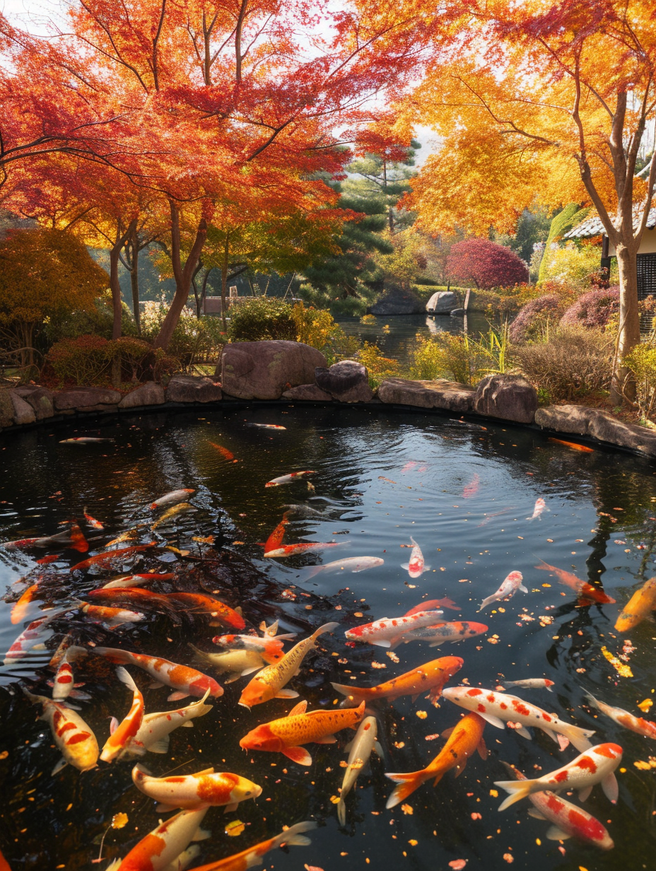 A circular Koi pond under autumn maple trees