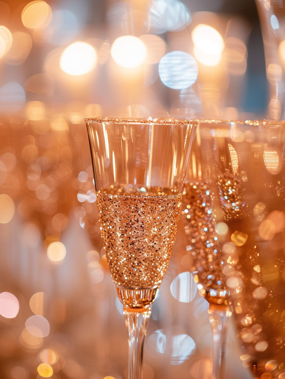 A close shot of sequin decorated champagne glasses