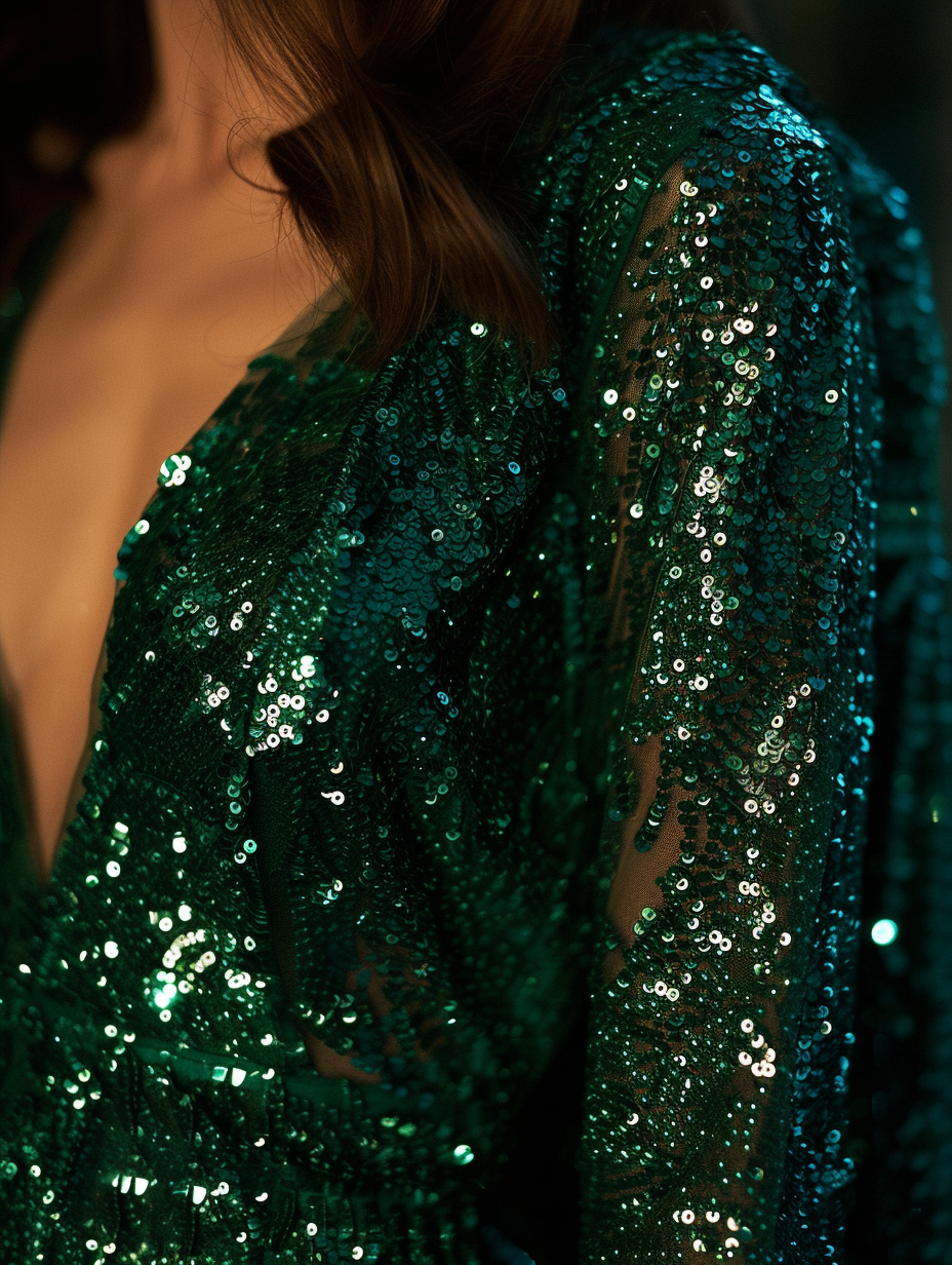 A close up of a sequin dress in rich emerald colour at a cocktail event