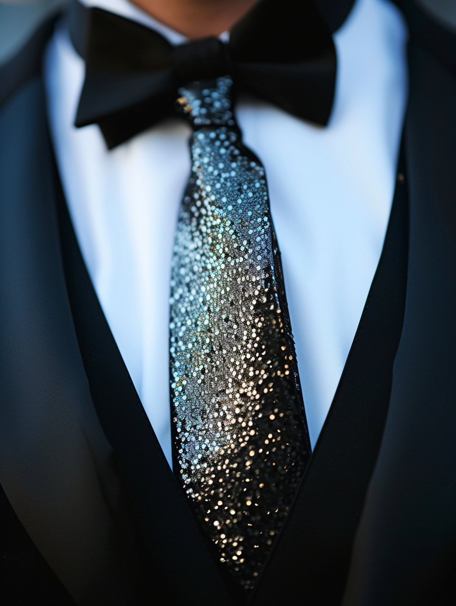 A close up of a sequin tie at a black tie event