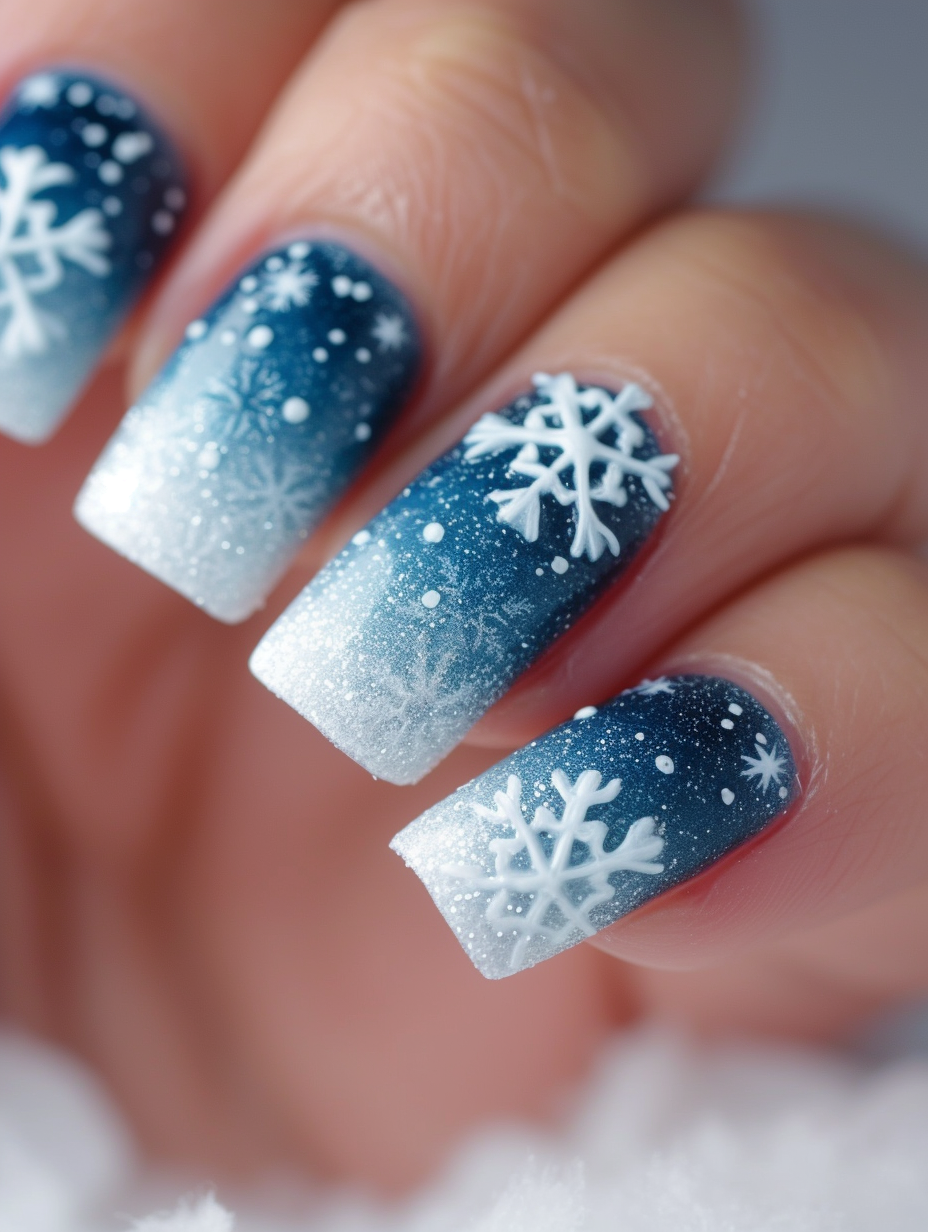 A close-up view of a hand presenting winter-themed nail art featuring a frosted snowflake design on a blue and white ombre background