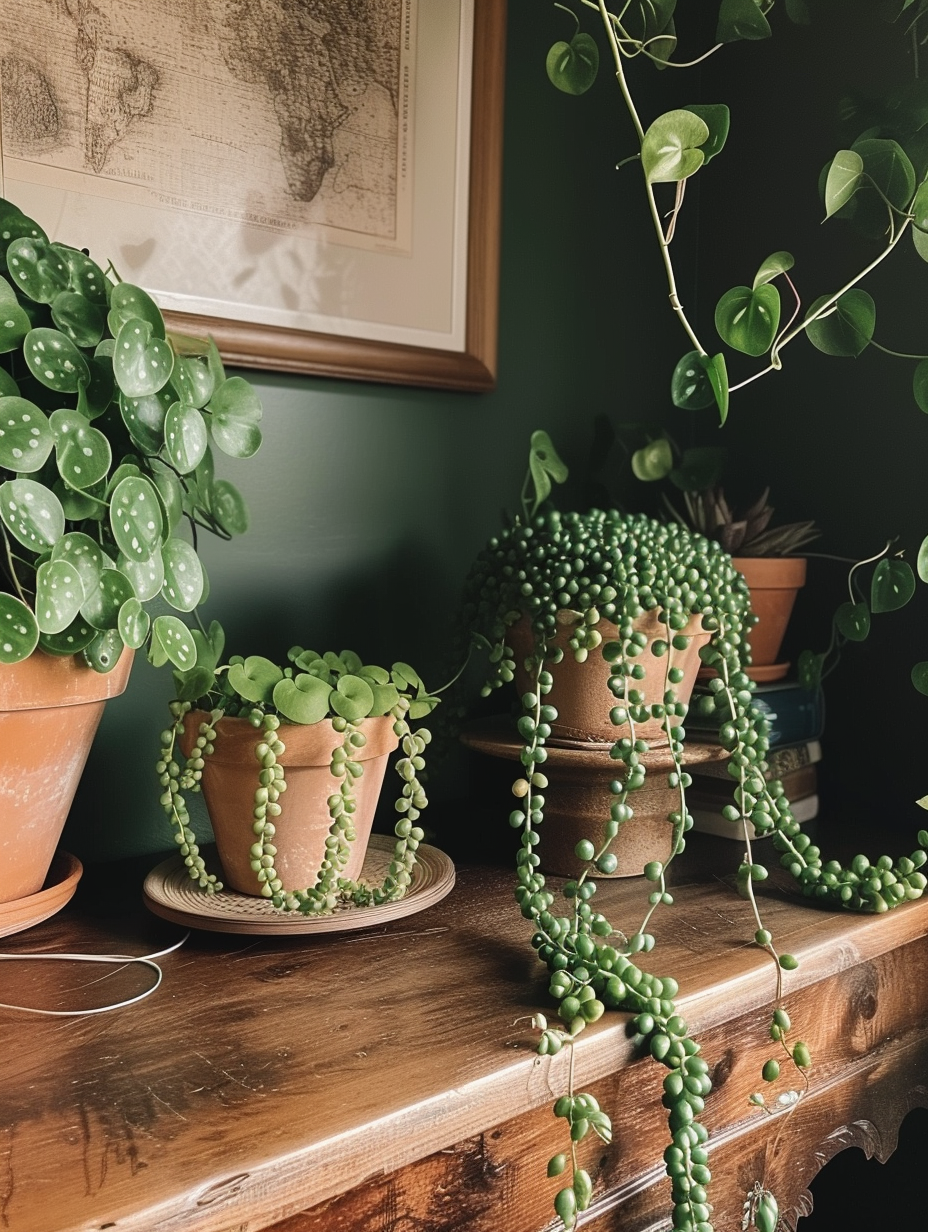 A cluster of String of Pearls plants in various unique terracotta pots on a bohemian style wooden table.