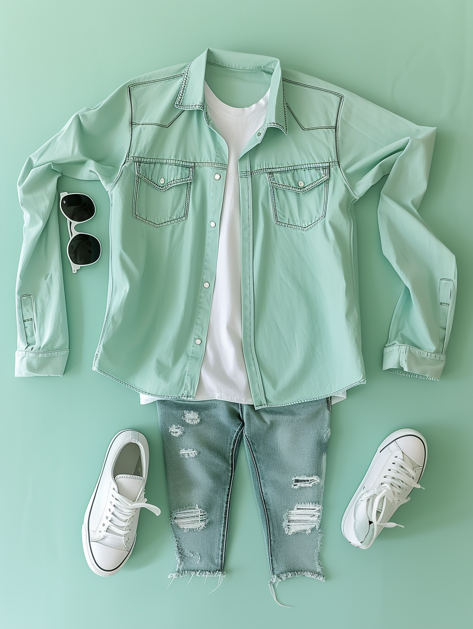A collection of trendy monochrome mint spring outfit with an oversized shirt, ripped jeans, sneakers and sunglasses arranged in a flatlay style --ar 3:4