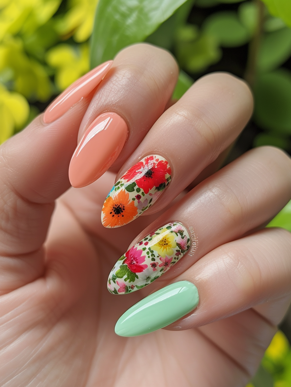 A colorful display of spring nail designs depicting fresh blossoms and faded greens