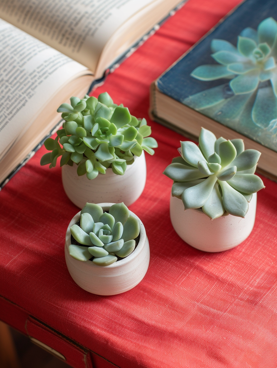 A composition of a red bedside table bearing a collection of three small succulent plants in ceramic white pots midst of open books