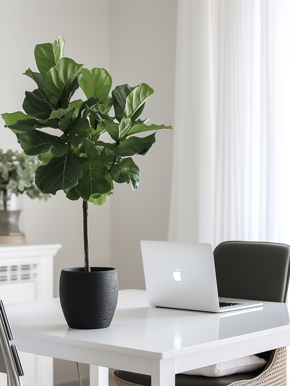 A contemporary office setting with a glossy white desk, a comfortable chair, an Apple MacBook, and a fiddle leaf fig in a matte black pot