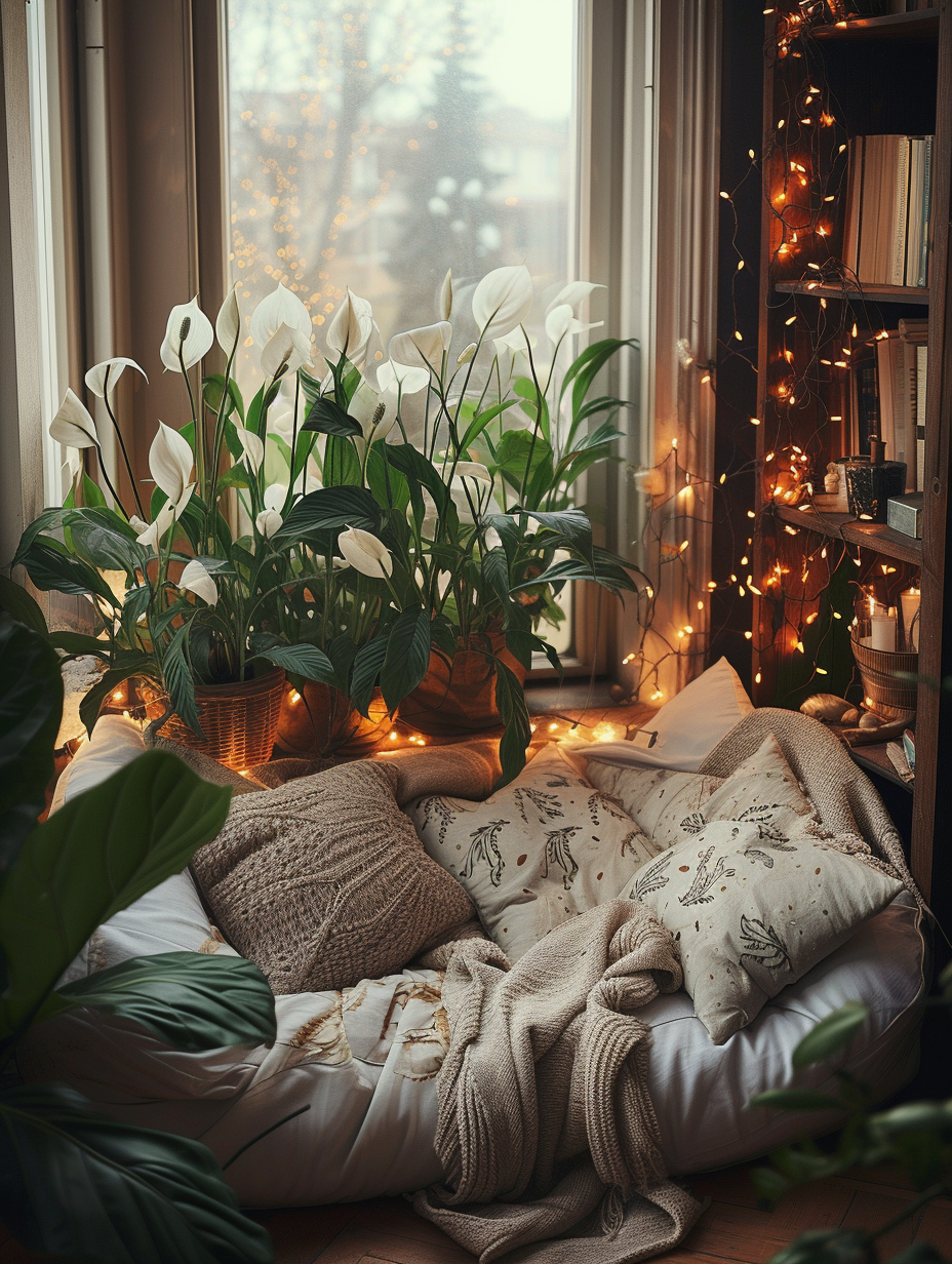 A cozy reading nook adorned with blooming peace lilies and soft ambient light