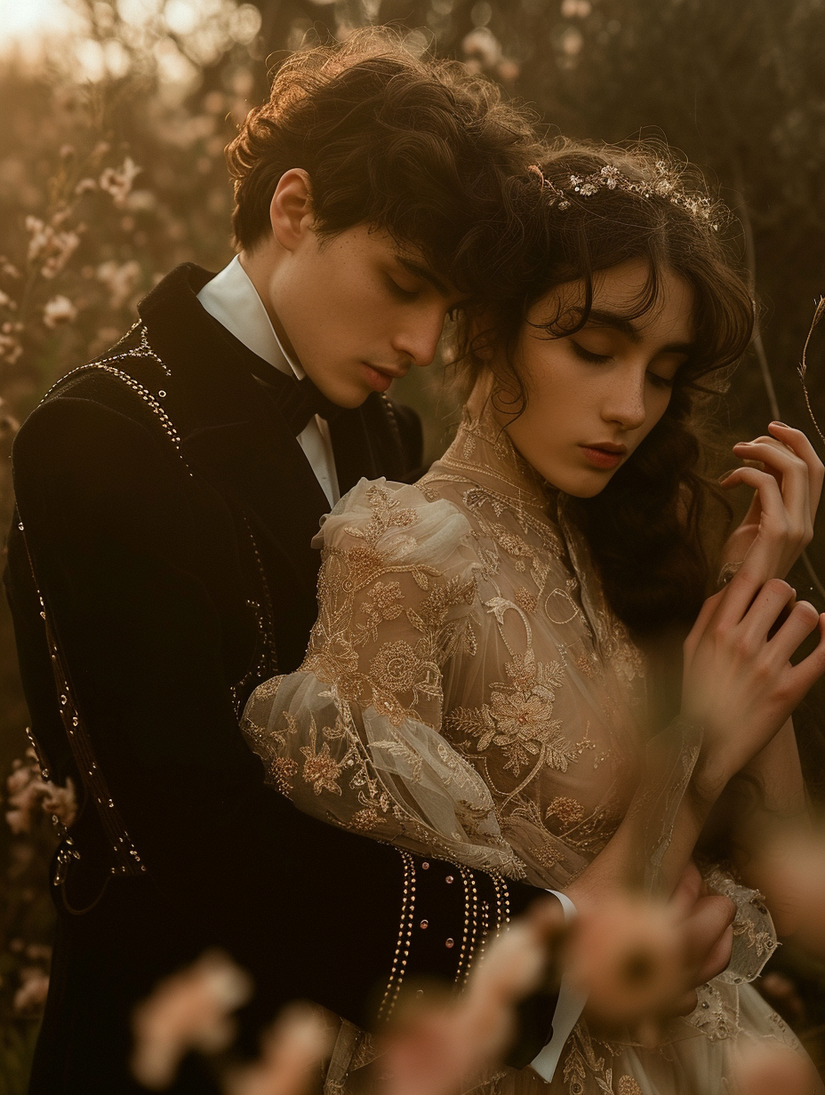 A dreamy scene of a couple dressed in delicate Edwardian-inspired romantic evening wear
