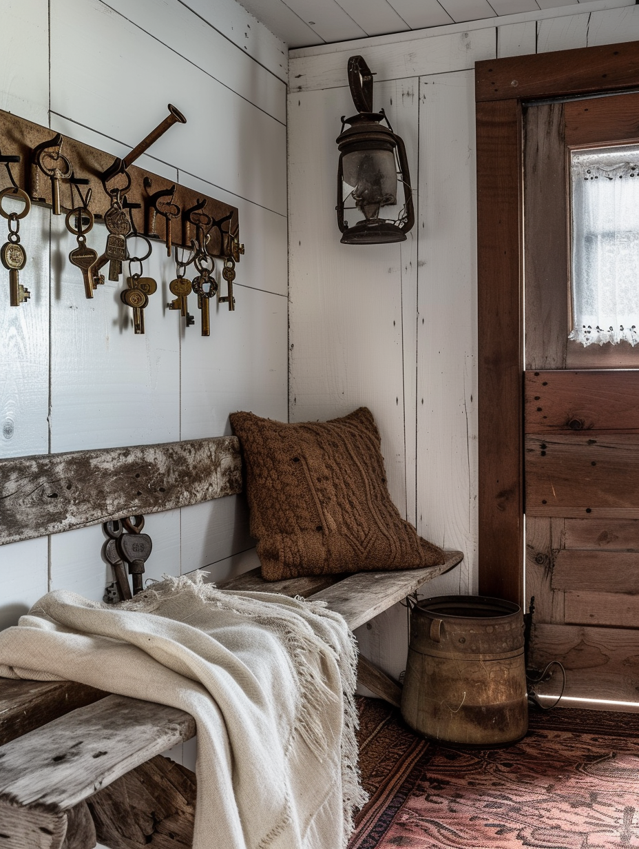 A farmhouse rustic entrance with a reclaimed wood bench, a collection of antique brass keys hanging on the wall, and a warmly lit corner with a rustic lantern --ar 3:4