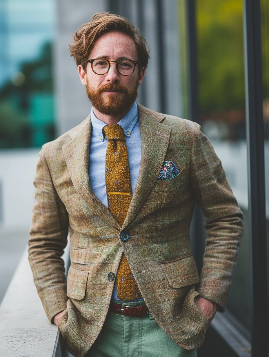 A fashion-forward man flaunting a business formal look featuring a sustainable bamboo blazer, recycled polyester pants, and a tie made from organic silk.