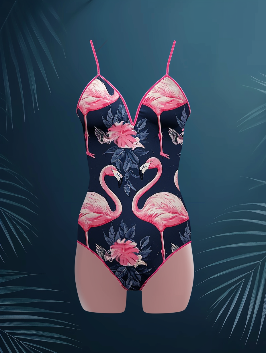A fashionable one-piece swimsuit with flamingo patterns