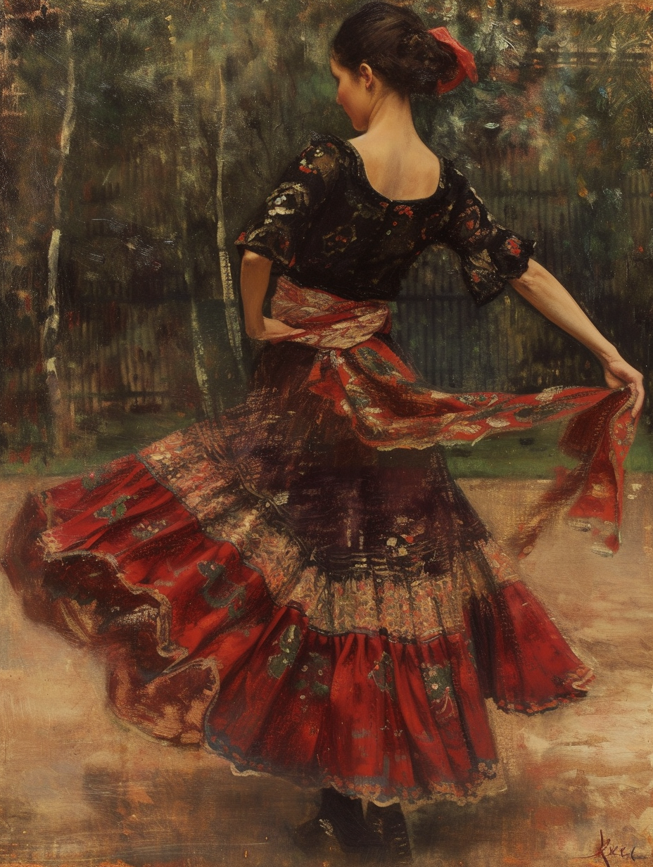 A flamenco dancer with a silk scarf as her waist sash