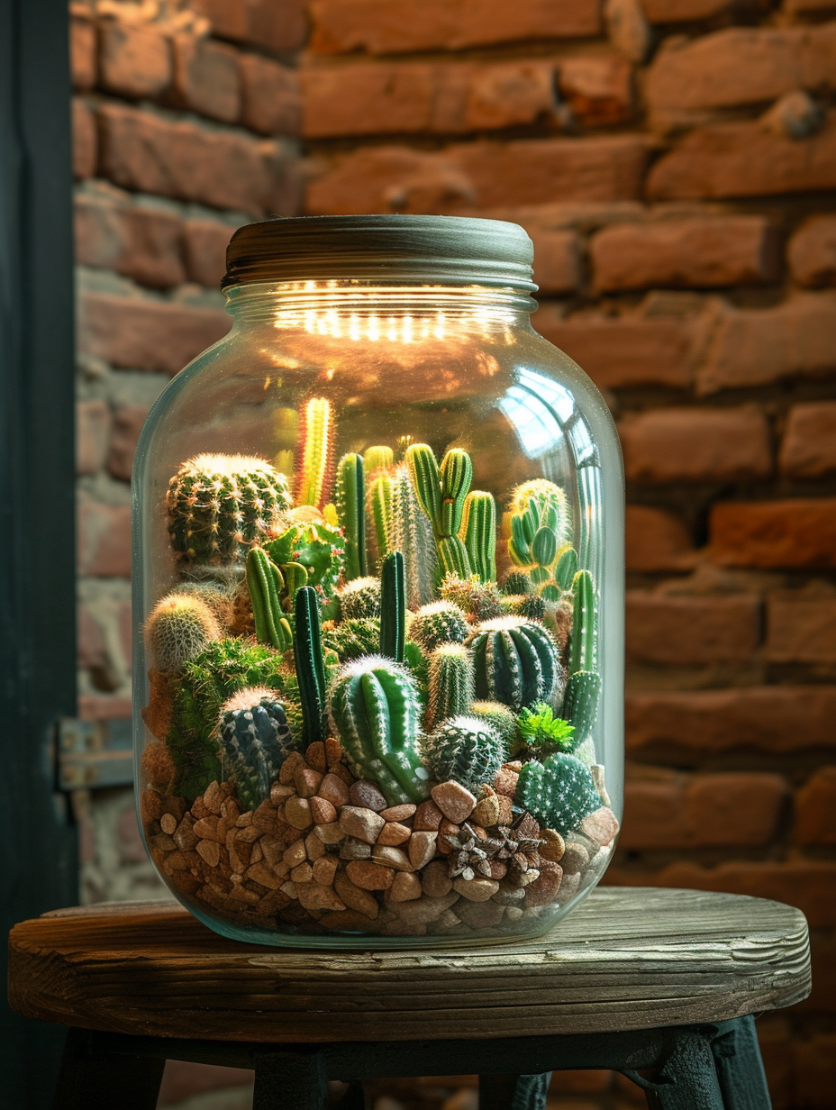 A flourishing desert cactus landscape, depicted within a rustic mason jar placed against an exposed brick wall background