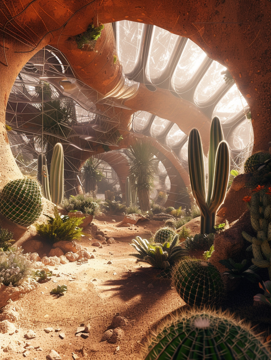A futuristic concept of an indoor cactus garden established within a self-sustaining eco-dome