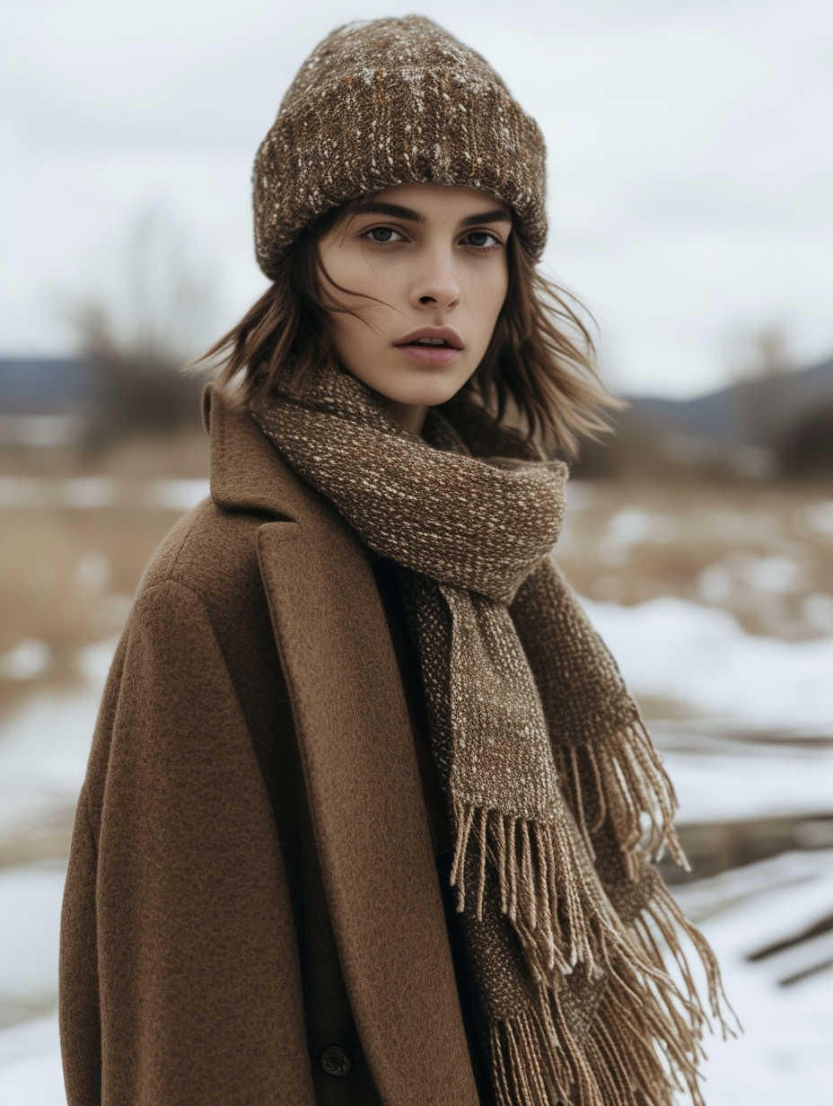A gender-neutral outfit with a silk scarves theme.

Create an androgynous winter look complete with woolen hats