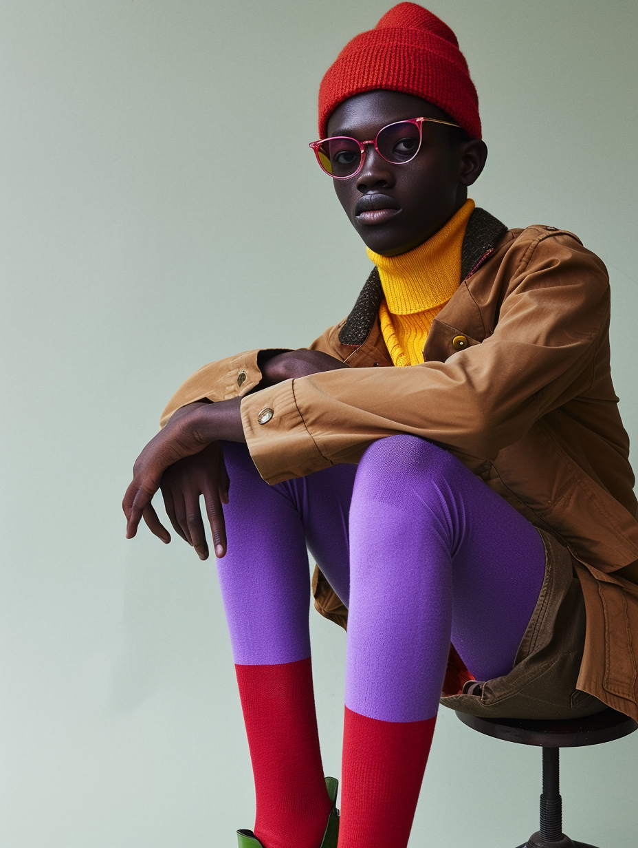 A gender-neutral style with a focus on colored tights