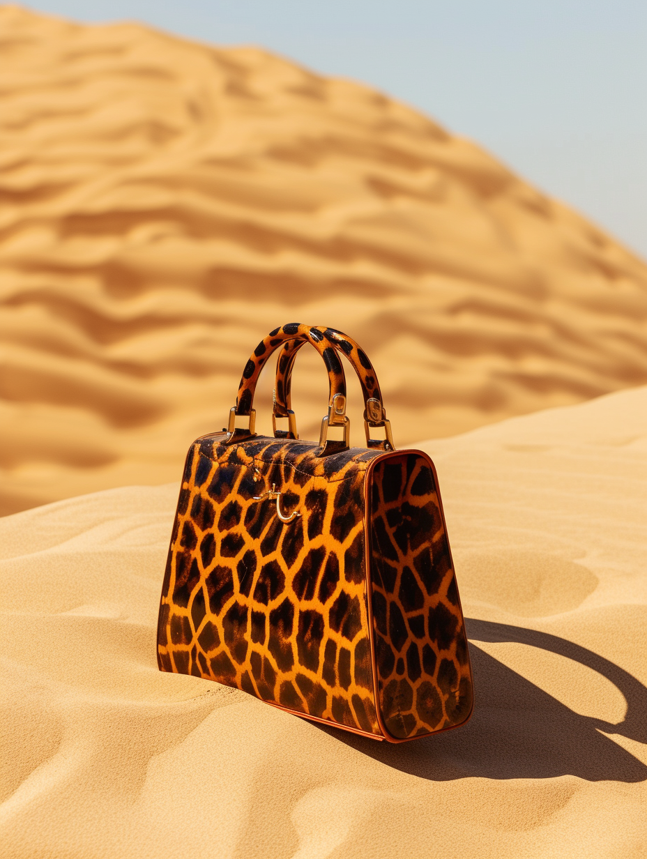 A giraffe print chic handbag on a desert sand background