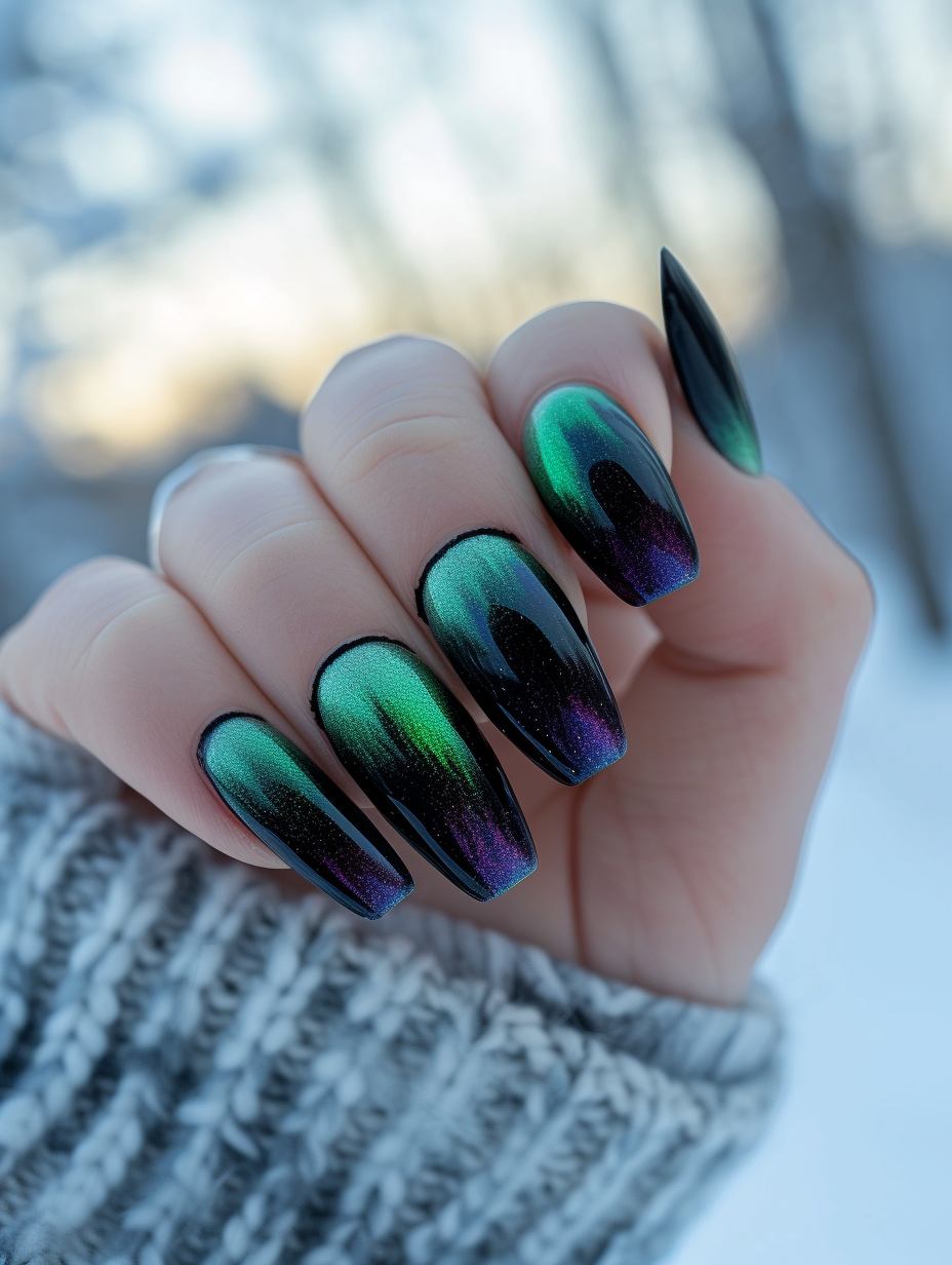 A hand flaunting nail art that is inspired by the Northern Lights during winter, with black, green, and purple polish colors creating the Aurora Borealis effect