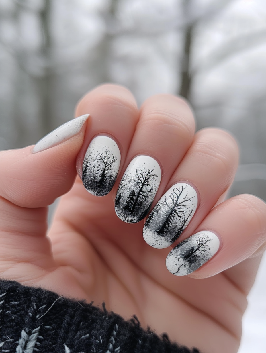 A hand revealing a manicured nail look featuring a white snowy landscape with bare trees against a muted winter sky.