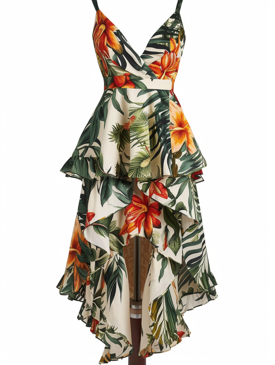 A high-low tropical print dress for beach parties