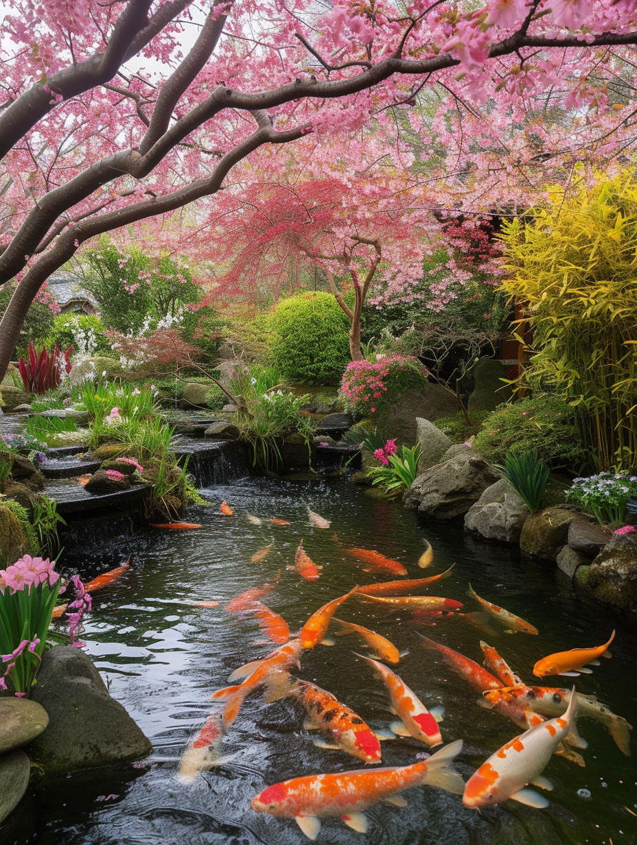 A koi pond and garden enveloped in spring blossoms