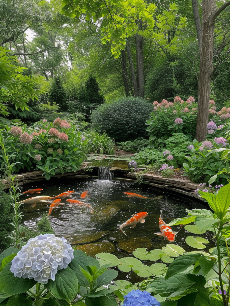 A koi pond nestled among blooming hydrangeas in a serene garden