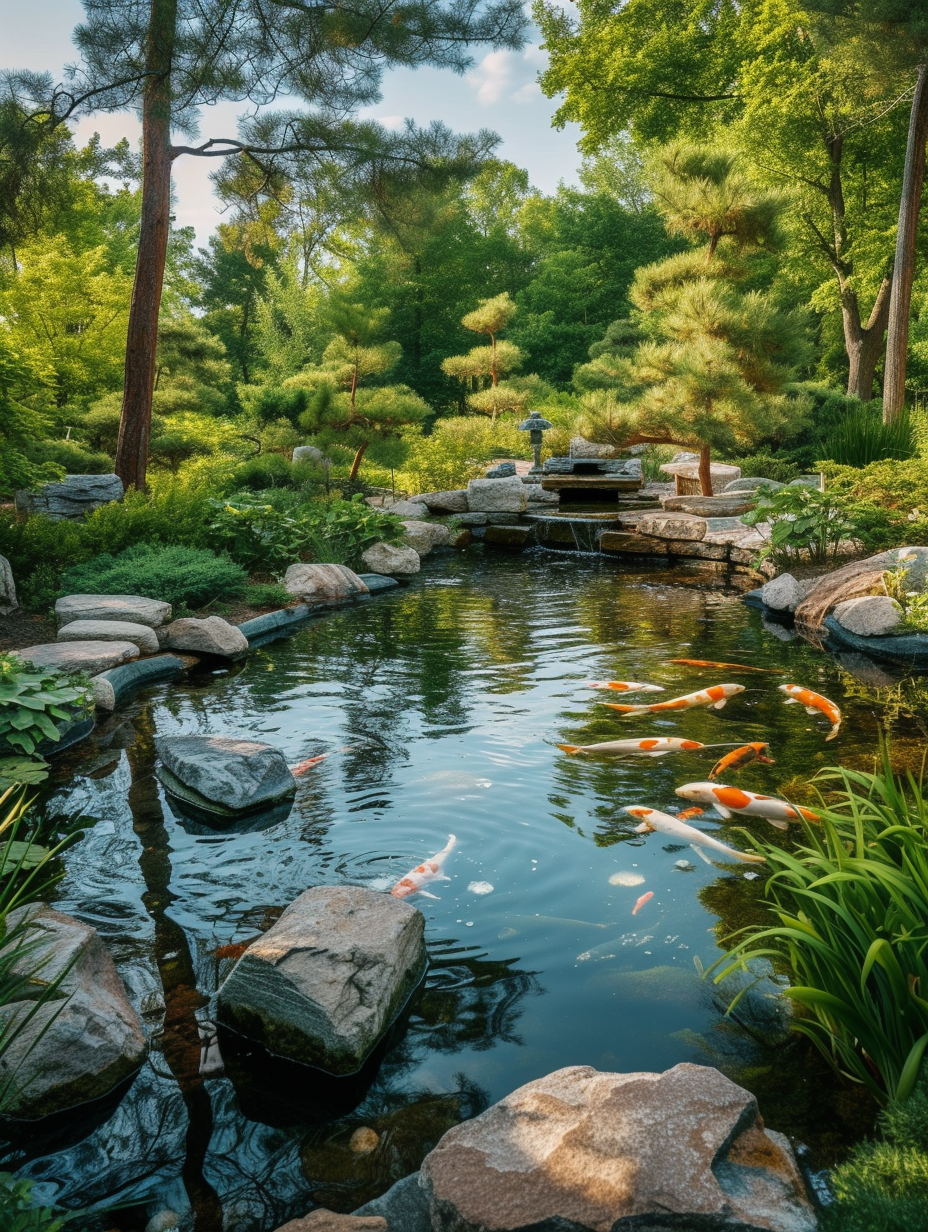 A koi pond surrounded by Zen rock arrangement in a calming garden