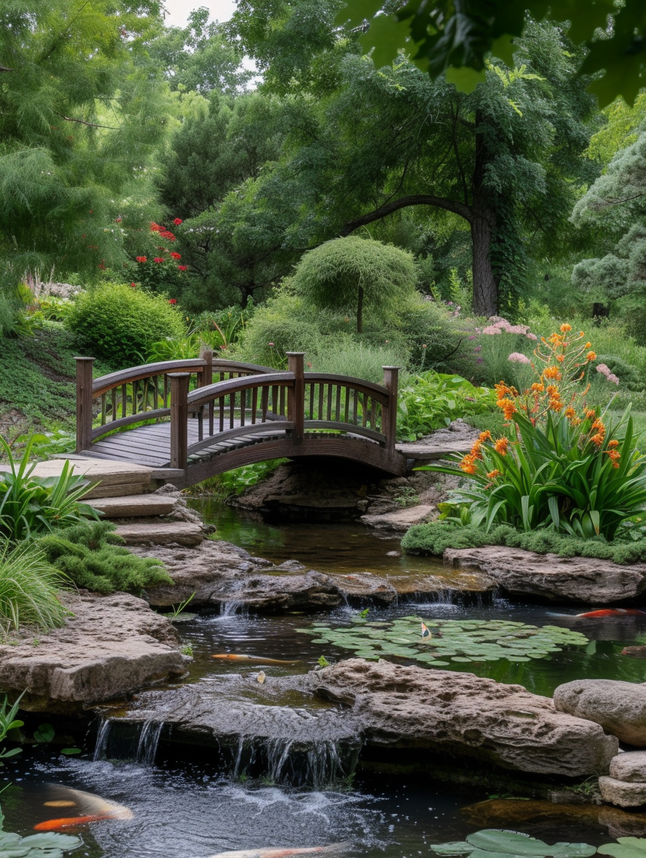 A koi pond under a charming wooden footbridge in a serene garden