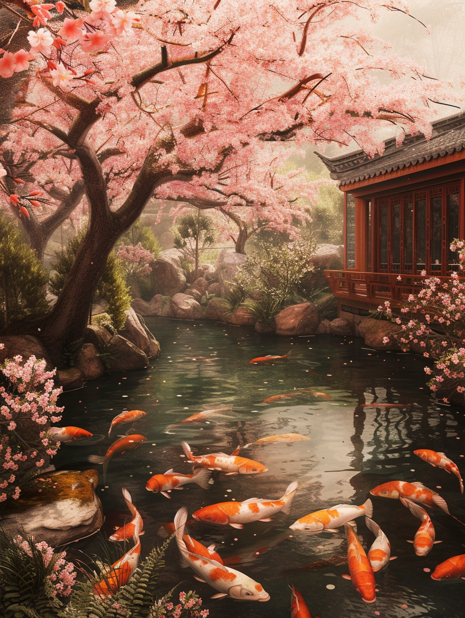 A koi pond under the cherry blossom tree in a serene garden