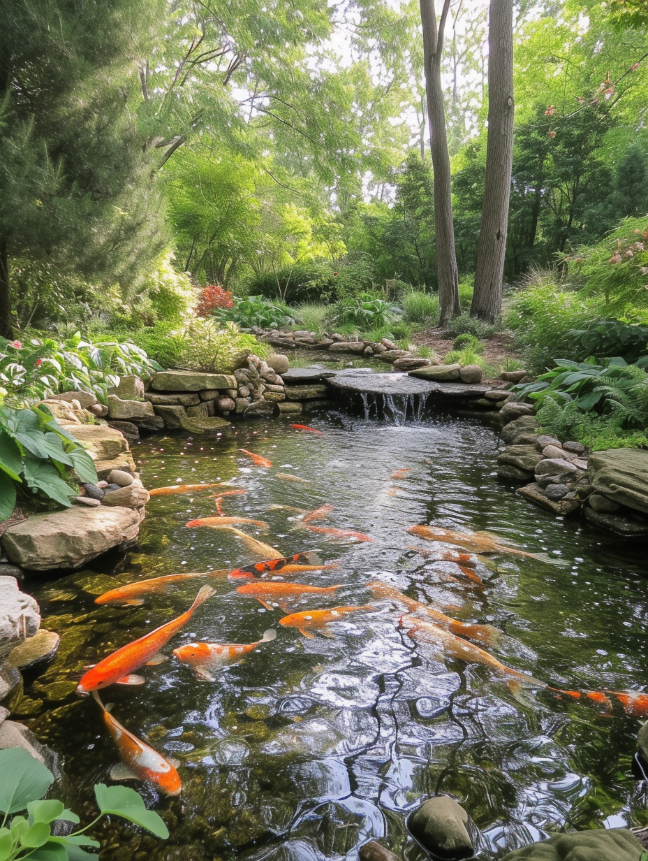 A large Koi pond in a serene woodland garden