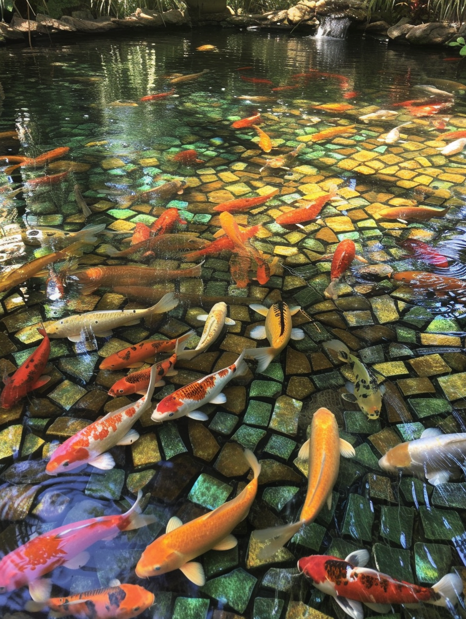 A large Koi pond with gold and orange fish in a vibrant water garden