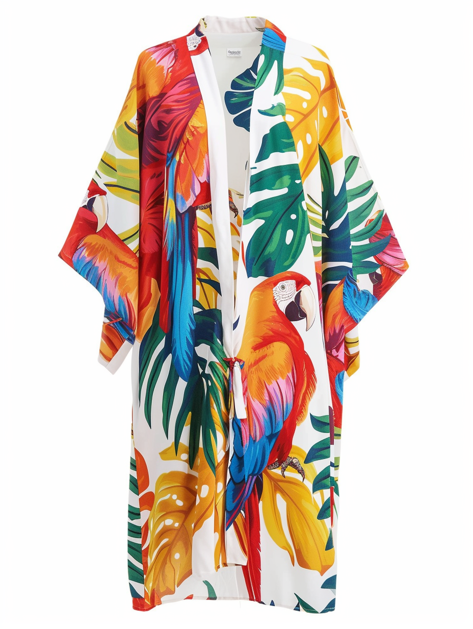A long cover-up dress with a colorful tropical bird print